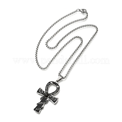 201 Stainless Steel Pave Natural Tiger Eye Ankh Cross Pendant Box Chain Necklaces&nbsp;STAS-D196-04P