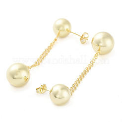 女性のための真鍮のぶら下がりスタッドピアス  丸いボール  18KGP本金メッキ  69x14mm&nbsp;EJEW-D088-03G
