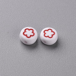 白い不透明なアクリルビーズ  ハート＆フラワー＆ムーン＆スターのフラットラウンド  ファイヤーブリック  7x4mm  穴：1.6mm&nbsp;MACR-N008-41D