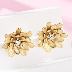 304ステンレススチールクリスタルラインストーンスタッドピアス  花  イオンプレーティング（ip）  14KGP本金メッキ  23x23.5mm&nbsp;EJEW-G423-15G