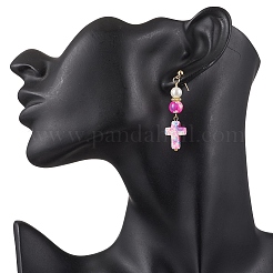 304ステンレススチール製合成ターコイズダングルスタッドピアス  クロス  ゴールドカラー  ミックスカラー  47.5x12.5mm  6のペア/セット&nbsp;EJEW-JE06515