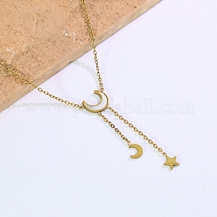 Stainless Steel & Natural White Shell Moon Star Pendant Y-Shaped Tassel Necklaces for Women&nbsp;PP3147