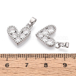 真鍮製マイクロパヴェキュービックジルコニアペンダント  ハートチャーム  プラチナ  14x12x3mm  穴：4.5x2.5mm&nbsp;KK-T073-50P