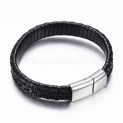 PUレザーコードブレスレット  304ステンレススチール製マグネット留め具付き  ブラック  8-5/8インチ（220mm）x12~14x5~8mm&nbsp;BJEW-F288-02B