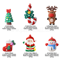 12 個 6 スタイルの PVC プラスチックビッグペンダント  クリスマステーマ  クリスマスの靴下 & キャンディケイン & 雪だるま & ツリー & ヘラジカ & お父さん  ミックスカラー  40~64.5x28.5~44x16~29mm  穴：2~3mm  2個/スタイル&nbsp;KY-FS0001-08