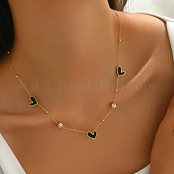 Stainless Steel Pave Clear Cubic Zircon Column & Imitation Shell Black Heart Link Chain Necklaces for Women&nbsp;HU5072