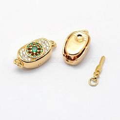 真鍮製ボックスクラスプ  キュービックジルコニア付き  カドミウムフリー＆ニッケルフリー＆鉛フリー  18KGP本金メッキ  楕円形や円形  ミディアムスプリンググリーン  18x9x7mm  穴：2mm&nbsp;KK-G323-47B-G-NR