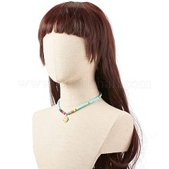 ハンドマダポリマークレイと合成ヘマタイトネックレス  304ステンレススチールの笑顔ペンダントネックレス  カニカン付き  ミディアムターコイズ  18.11インチ（46cm）&nbsp;NJEW-JN03788-04