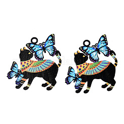 スプレー塗装された430ステンレススチールのフィリグリーペンダント  蝶のチャームが付いた猫  ブラック  39.5x35x0.5mm  穴：2.8mm&nbsp;STAS-TAC0004-58D