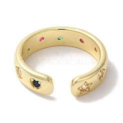 真鍮マイクロパヴェカラフルキュービックジルコニアオープンカフリング（女性用）  星/菱形/ハート  18KGP本金メッキ  5.5mm  調整可能&nbsp;RJEW-C098-32G