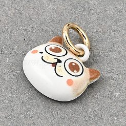 プリントされた真鍮のチャーム  猫の形のチャーム  ゴールドカラー  キャメル  11x12x4mm  穴：4mm&nbsp;KK-CBA1A42-02G-01