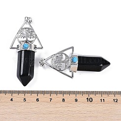 天然黒曜石のファセット加工された尖った弾丸の大きなペンダント  ラックメッキ真鍮生命の木三角形チャーム  プラチナ  鉛フリー＆カドミウムフリー  56~57x26.5~27x16.5~17mm  穴：6x4mm&nbsp;G-H076-02P-010
