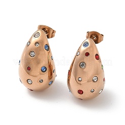 304ステンレススチールティアドロップスタッドピアス  ラインストーン付き  ローズゴールド  22x13.5mm&nbsp;EJEW-B108-05RG-B