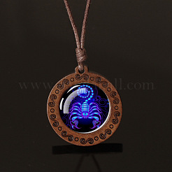 Flat Round with Twelve Constellations Blue Glass & Wood Pendant Waxed Leather Cord Necklace for Women Men&nbsp;WG486C3-08