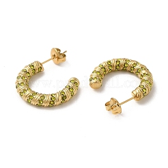 本物の18Kゴールドメッキ304ステンレススチールとガラスリングスタッドピアス  ハーフフープピアス  オリーブ  20x4.5mm&nbsp;EJEW-Z026-18G-04