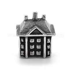 304ステンレススチールヨーロピアンビーズ  大穴ビーズ  ハウス  アンティークシルバー  12.5x11x9.5mm  穴：4.5mm&nbsp;STAS-G256-15AS
