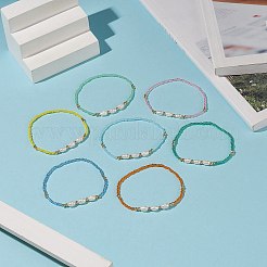 7 個 7 色の天然シェル & シード & 真鍮ビーズストレッチブレスレットセット女性用  ミックスカラー  内径：2インチ（5.15cm）  1pc /カラー&nbsp;BJEW-JB09170