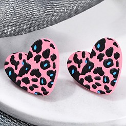 女性用ハートアクリルプリントスタッドピアス  304ステンレスピン付き  ショッキングピンク  18.5x20.5mm&nbsp;EJEW-G418-01C