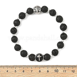 Natural Lava Rock Round Beaded Stretch Bracelets with 304 Stainless Steel Cross Tree of Life for Women&nbsp;BJEW-JB14251