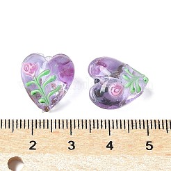 手作りの透明ランプワークビーズ  花とハート  ライラック  14.5~15x15~15.5x9~10mm  穴：2mm&nbsp;BLOW-D300-07F