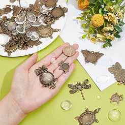 DIY ブランク ドーム ペンダント メイキング キット  合金ペンダントカボションカットを含む  ガラスカボション  ゾウとカメとフクロウと蝶とトンボ  アンティークブロンズ  60個/箱&nbsp;DIY-PH0020-76