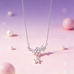 Brass Pave Clear and Pink Cubic Zirconia Star Butterfly Pendant Necklaces for Women&nbsp;WG2D53E-01
