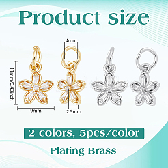 10Pcs 2 Colors Rack Plating Brass Pave Clear Cubic Zirconia Flower Charms&nbsp;KK-BC0015-24