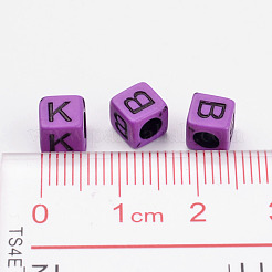 混合文字不透明アクリルキューブビーズ  水平穴  ミディアム蘭  6x6x6mm  穴：3mm&nbsp;X-SACR-S177-04