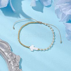 3mm ラウンドファセット天然レインボームーンストーンとシードビーズの編み込みビーズブレスレット  女性用調節可能なクロス天然貝殻ブレスレット  0.2~0.35cm  内径：2-1/8~2-3/8インチ（5.5~6cm）&nbsp;BJEW-JB10594-04