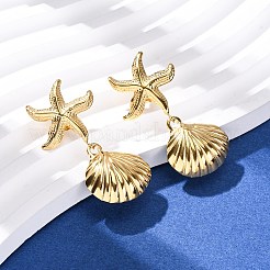304 Stainless Steel Shell Shape with Starfish Shape Dangle Stud Earrings&nbsp;EJEW-Z135-02G-01