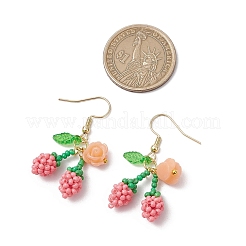 桜の花と304ステンレススチールガラスシードビーズダングルイヤリング  釣り糸ナイロンワイヤー＆アクリルチャーム＆樹脂  ゴールドカラー  ピンク  42x18mm&nbsp;EJEW-MZ00419-02