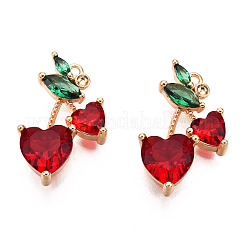 ブラスダークレッド＆グリーンキュービックジルコニアペンダント  ニッケルフリー  チェリー  18KGP本金メッキ  16.5x10x4mm  穴：0.9mm&nbsp;X-ZIRC-Q021-018G-NF