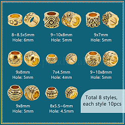 80個 8スタイル チベットスタイル 亜鉛合金 ヨーロピアンビーズ  大穴ビーズ  DIYアクセサリー  混合図形  アンティーク黄金  7~10x4.5~8mm  穴：4~6mm  10個/スタイル&nbsp;FIND-PH0021-13B