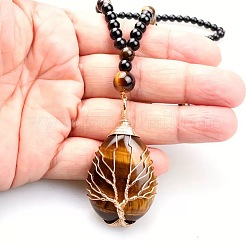 Natural Tiger Eye Copper Wire Wrapped Tree of Life Teardrop Pendant Black Round Beaded Necklaces for Men&nbsp;EF1555