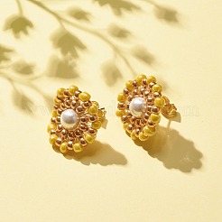 シェルパール＆グラスシード フラワースタッドピアス  女性用ゴールデン 304 ステンレス ワイヤー ラップ ジュエリー  きいろ  19mm  ピン：0.7mm&nbsp;EJEW-JE04921-01