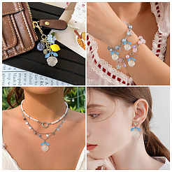 透明なガラスの花のペンダント30個と深いスカイブルーのアクリルの葉  鉄パーツ  プラチナ  透明  22mm&nbsp;PALLOY-TAC0241