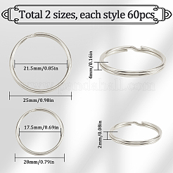 120 個 2 スタイル鉄スプリットキーホルダー  リング  プラチナ  20~25x2~4mm  内径：17.5~21.5mm  60個/スタイル&nbsp;FIND-SC0013-32P