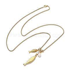 Rice Natural Pearl 304 Stainless Steel Fish Pendant Box Chain Necklaces for Women&nbsp;NJEW-JN06124