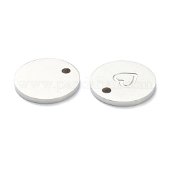 変色しない304ステンレススチールチャーム  ハート付きフラットラウンド  ステンレス鋼色  11.5x1mm  穴：1.5mm&nbsp;STAS-P280-07P