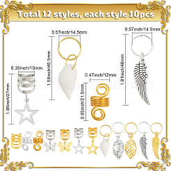 120個 12スタイル 合金&鉄製ドレッドヘアリング デコレーション  ヘアコイルカフ  混合図形  16~46mm  内径：9~12.5mm  10個/スタイル&nbsp;OHAR-SC0001-18B