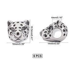 304ステンレススチールヨーロピアンビーズ  大穴ビーズ  ヒョウのヘッド  アンティークシルバー  14x10x10.5mm  穴：4mm  6個/箱&nbsp;STAS-UN0006-65AS