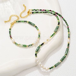 Faceted Round Natural Ruby in Zoisite & Column Green Spot Jasper & Freshwater Pearl Beaded Necklaces & Bracelets Sets for Women&nbsp;ZI1839-3