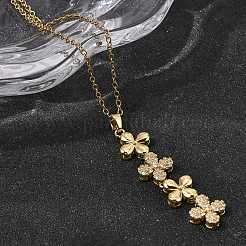 Brass Micro Pave Clear Cubic Zirconia 4 Clover Pendant Y Tassel Necklaces for Women&nbsp;NJEW-P350-02G
