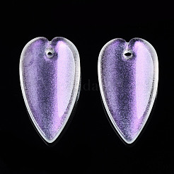 透明スプレー塗装ガラスペンダント  グリッターパウダー付き  葉  紫色のメディア  20.5x11x3.5mm  穴：1.2mm&nbsp;GGLA-S054-013B-02
