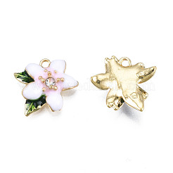 ラックメッキ合金エナメルチャーム  クリスタルラインストーン付き  花  カドミウムフリー＆鉛フリー  ゴールドカラー  ピンク  14x15x4.5mm  穴：1.6mm&nbsp;ENAM-N058-01A