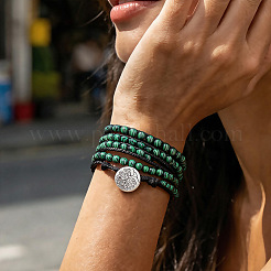 Adjustable Alloy Tree of Life Synthetic Malachite Round Beaded Wrap Bracelets for Women&nbsp;WGFA9D3-01