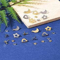 16個 8スタイル 304ステンレススチールスタッドピアス金具  16個のイヤーナット付き  星と月と心  ゴールデン·ステンレス鋼色  10~14.5x8~11.5x0.8mm  穴：1.4~1.6mm  ピン：0.7~0.8mm&nbsp;STAS-FS0001-86