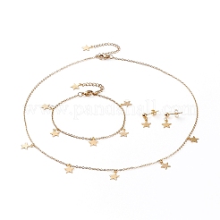 304ステンレススチールジュエリーセット  アズキチェーンペンダントネックレス＆スタッドピアス＆ブレスレット  カニカン付き  スター  ミックスカラー  17.71インチ（45cm）  7.36インチ（18.7cm）  16.5mm  ピン：0.7mm&nbsp;SJEW-Z001-17
