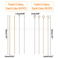304ステンレス鋼のフラットヘッドとアイピン  ゴールデン·ステンレス鋼色  22ゲージ  50x0.6mm  ヘッド：1.4mm  120個/箱&nbsp;STAS-PH0001-15