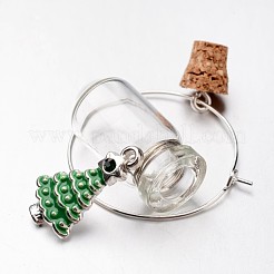 ボトルワイングラスチャームを希望するガラス  クリスマスツリー合金ラインストーンエナメルペンダントと真鍮リングフープピアスと  銀色のメッキ  60mm&nbsp;X-AJEW-JO00134